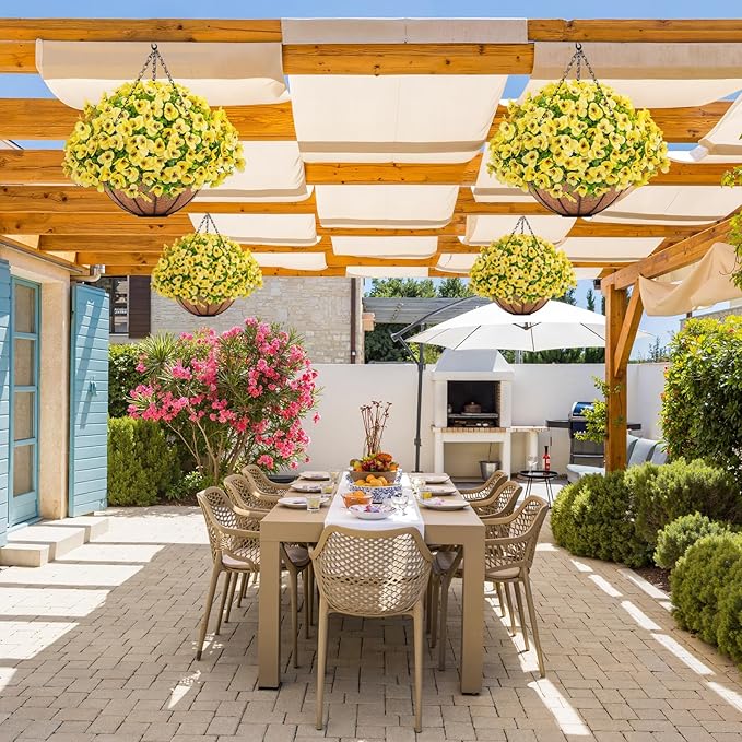 Artificial Hanging Flowers with Baskets for Outdoors, Fake Silk Pansy Flowers UV Resistant Faux Hanging Plants for Front Porch Patio Yard Home Spring Summer Decoration, Yellow