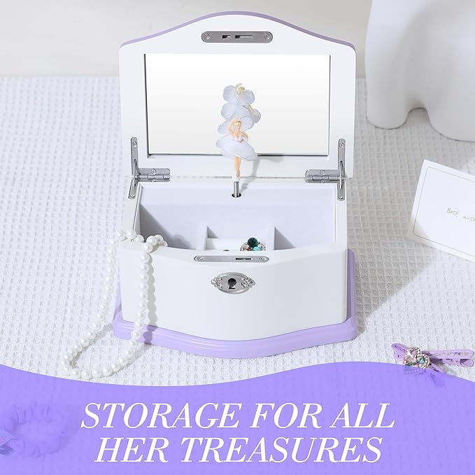 Musical Jewelry Box-Medium Ballerina Musical Chest with Mirror for Girls,Jewelry Storage,Swan Lake Tune, Gift for Christmas,Birthday,New Year and All Holidays- (white/purple)