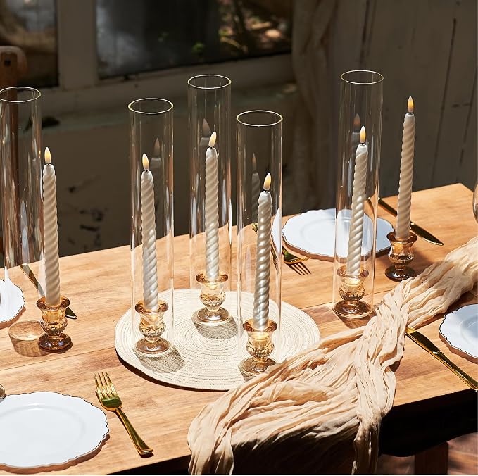 CHILL RECIPE Hurricane Glass Candle Holders-Set of 6 Tall Taper Candle Holder with 14” Tall Clear Cylinder Covers for Wedding Table Centerpiece Home Decor (Gold Base+Clear Chimney)