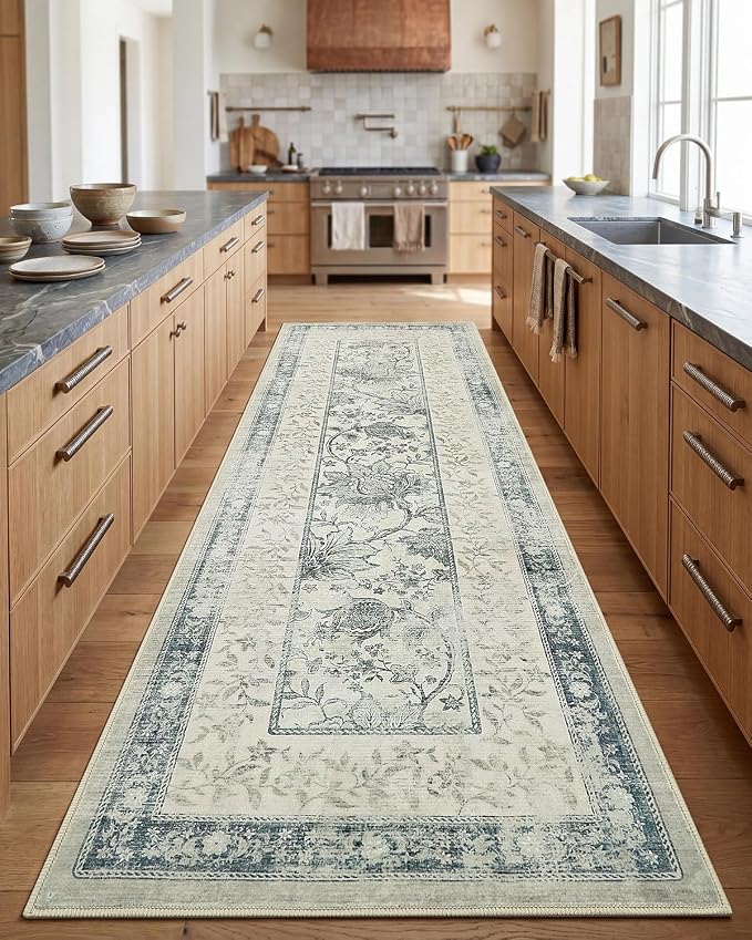GarveeHome Vintage Blue Washable Kitchen Runner Rug: 2'6" x 8' Hallway Rug Non Slip Low-Pile Stain Resistant Cottage Core Retro Farmhouse Soft Runners for Entryway Laundry Room Beside