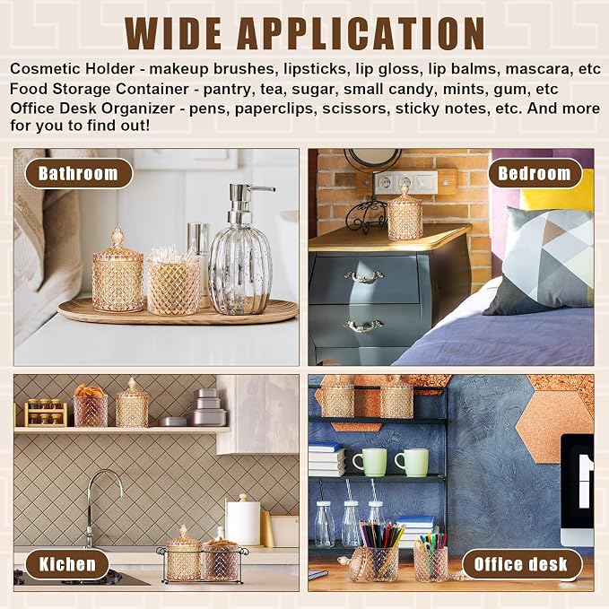 Aoriher 4 Pcs Crystal Glass Candy Jar Set with Lids Home Decorative Storage Jars for Apothecary, Bathroom, Kitchen, and Pantry, Ideal for Cotton Swabs and Jewelry(Large,Amber)