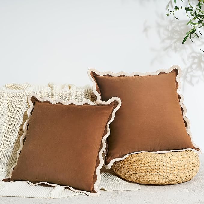 MONDAY MOOSE Decorative Throw Pillow Covers Cushion Cases, Set of 2 Soft Velvet Scalloped Wavy Edge Designs, Mix and Match for Home Decor, Pillow Inserts Not Included (20x20 inch, Beige/Brown)