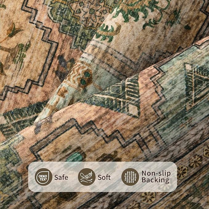 Rugxara 8x10 Area Rugs for Living Room Bedroom, Large Washable Rug, Brown Vintage Retro Boho Rug, Non Slip & Low Pile Faux Wool Thin Carpet for Indoor Dining Room and Kids Room(Brown 8x10ft)