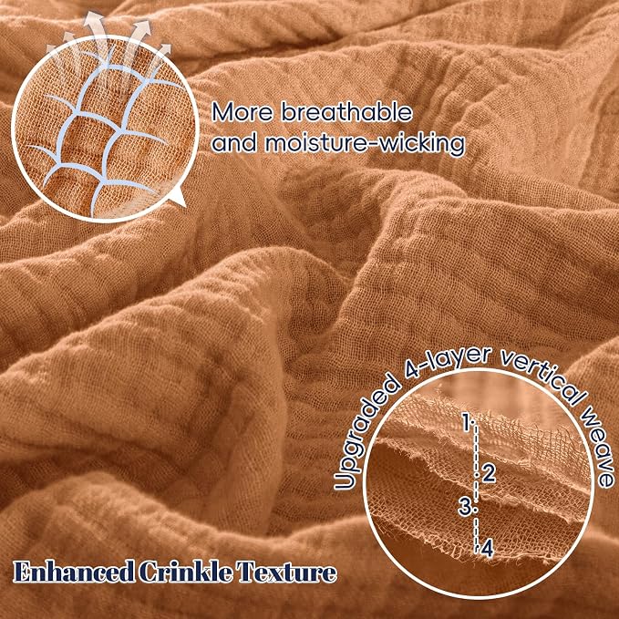 PHF 100% Cotton Muslin Blanket Queen Size 90"x90", 4-Layer Lightweight Gauze Throw, Breathable Cloud-Soft Minimalist Blanket for Bed, Couch, Camping, Caramel, Ideal Gift