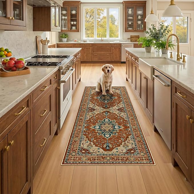 RELEANY Area Rugs 2'x6' Runner Rug Non Slip Washable for Kitchen Hallway Bedroom Beside Laundry Room Bathroom Rug, Floor Carpet, Red Orange Blue Brown