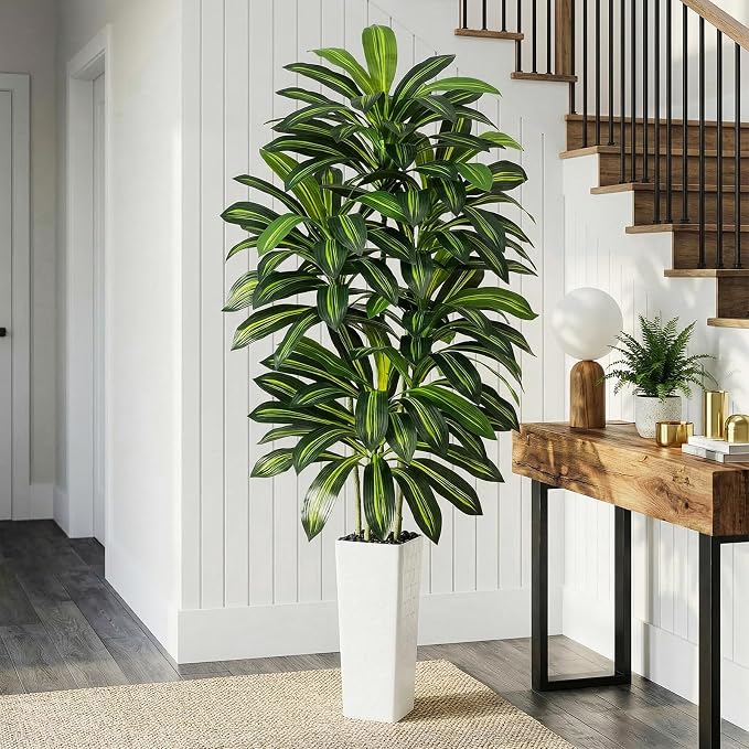Artificial Dracaena Tree - 7FT Tall Fake Plants with White Tall Planter - Artificial Plants Indoor Floor Plant in Pot - Large Tropical Fake Yucca Potted Tree for Home Office Living Room Decor