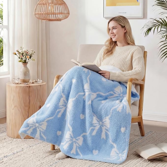 WRENSONGE Soft Throw Blanket for Couch-Cozy Reversible Knitted Blankets | Lightweight Warm Fluffy Decor for Women, Mom, Her & Girls, Sofa, Chair, Bed, 50x60in, Blue Bow