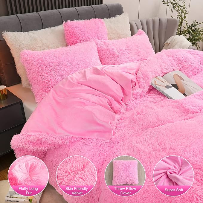 Fluffy Plush Pink Duvet Cover Set King Size, Luxury Soft Velvet Fuzzy Comforter Cover Bed Sets 4Pc(1 Faux Fur Duvet Cover + 2 Pillow Cases + 1 Pillow Cover) Zipper Closure (King, Light Pink)