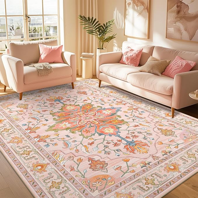 RELEANY Area Rugs 5'x7' Washable Non-Slip, Floral Vintage Distress Print Pattern Medallion Carpet for Living Room Bedroom Dining Room, Light Pink Colorful