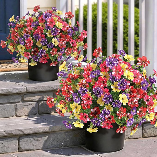 Artificial Morning Glory & Eucalyptus Topiary Trees - Set of 2 Faux Silk Flower Potted Plants, UV-Resistant Fake Outdoor Morning Glory Bushes for Front Door, Farmhouse, Garden Decor (Mixed Color)