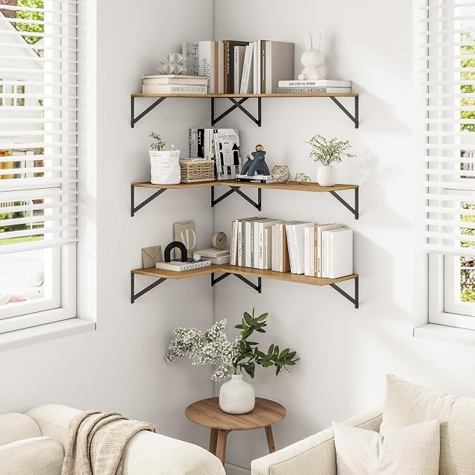 Heimlove 24" W x 12" D Wall Shelves for Books, 12 Inch Deep Floating Shelves Set of 3, Wide Floating Bookshelf with Metal Bracket for Living Room, Kitchen, Office, Bedroom and Decor Storage - Oak