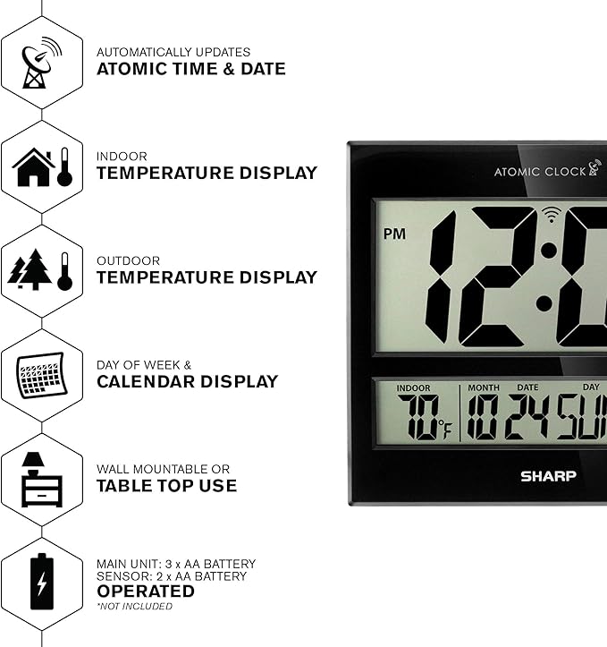 Sharp Atomic Clock – Never Needs Setting, Jumbo 3” Easy-Read Display, Indoor & Outdoor Temperature with Wireless Sensor, Large Digital Wall or Desk Clock, Battery Operated, Auto Atomic Time Sync