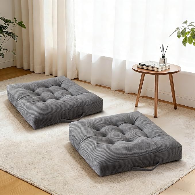 Floor Pillow Dark Grey Washable Floor Sitting Cushions 18x18 Inch 2-Pack, Meditation Yoga Pillows for Sitting on Floor Tufted Corduroy Seat Pads with Handle for Office Dining Room Seats