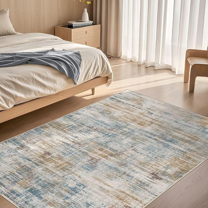 UERMEI 4x6 Area Rug for Living Room: Washable Modern Neutral Abstract Soft Low Pile Carpet Non-Slip Pet Kids Friendly Indoor Decor for Bedroom Dining Room Home Office Nursery Blue Brown