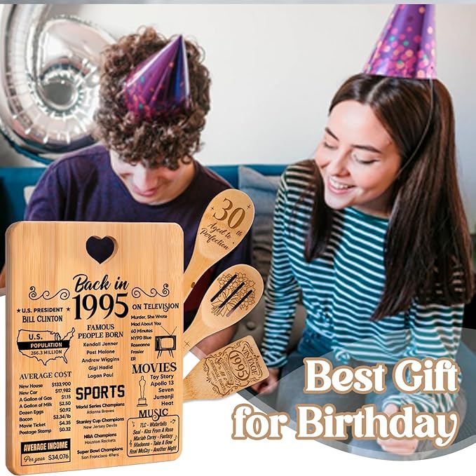 30th Birthday Gifts for Women - "Back in 1995" 30th Birthday Gifts for Men Cutting Board, Bamboo-Made Engraved "Year 1995 News" 30th Birthday Gifts