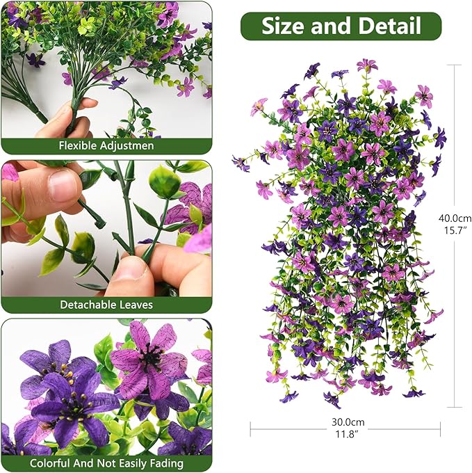 Homsunny Artificial Fake Hanging Flowers Plants for Outdoor Spring Decoration, 2 PCS Faux Silk Flower Outside Planter UV Resistant Look Real for Front Patio Porch Home Decor (Double Purple)