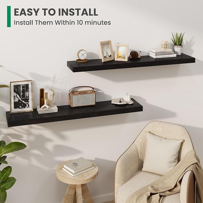 Solid Wood Floating Shelves For Wall, 48”W x 9”D x 1.56”H Large Wall Shelves for Living Room Bedroom Bathroom Kitchen Drcor Storage with Invisible Heavy-Duty Metal Bracket, Carbonized Oak, 2 Pack
