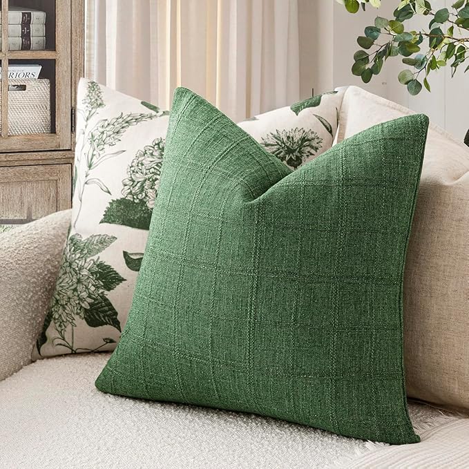 Foindtower Set of 2 Decorative Linen Check Throw Pillow Covers Neutral Farmhouse Vintage Cushion Covers Modern Boho Accent Home Decor for Sofa Chair Couch Bedroom Living Room,26×26 Inch,Forest Green