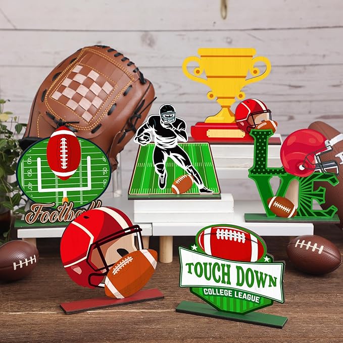 Cinnvoice 6 Pcs Football Table Decorations Wooden Table Centerpieces Rustic Wood Tabletop Sign Decorations for Home Kitchen Office Farmhouse Desk Shelves Party Tiered Tray Decor