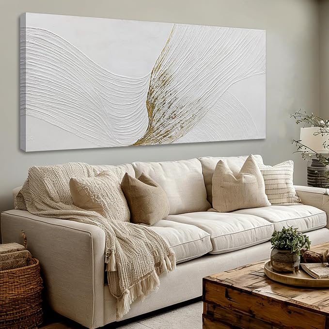 Hue7Art Contemporary White and Gold Abstract Canvas Wall Art Textured Line Design Minimalist Hand Painting Artwork for Living Room Bedroom Office Neutral Decor 29x58 Inch