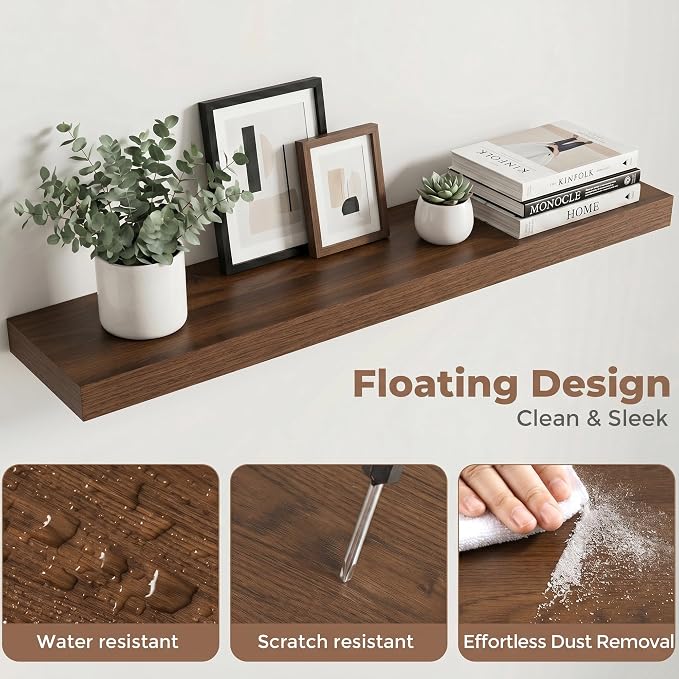40 Inch Floating Shelves for Wall, 8"D Wood Storage Shelves, Walnut Finish | Engineered Wood, Invisible Bracket, Large Storage, Easy Install, Hold Up to 66lbs, Living Room, Bathroom, Bedroom, Kitchen