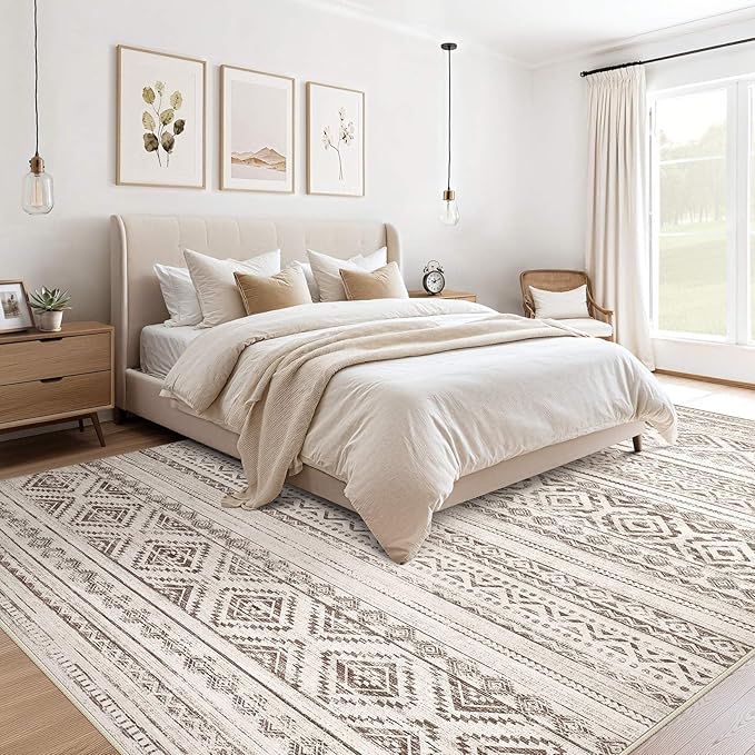 cotiled 7x9 Area Rug Living Room: Washable Boho Rugs with Non Slip Backing Large Soft Indoor Stain Resistant Carpet for Bedroom Farmhouse Dining Room Lightweight Home Decor Dark Brown