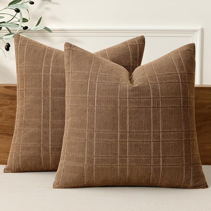 MIULEE Decorative Linen Check Throw Pillow Covers Neutral Farmhouse Vintage Pillow Covers 20x20 Set of 2 Boho Modern Winter Home Decor for Sofa Couch Bedroom Cushion Camel Brown