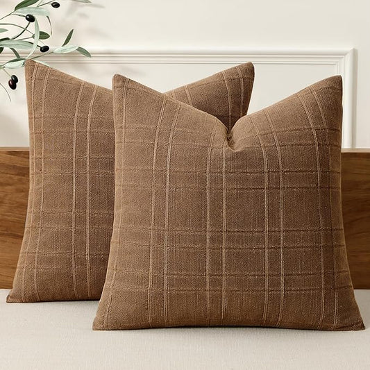 MIULEE Decorative Linen Check Throw Pillow Covers Neutral Farmhouse Vintage Pillow Covers 20x20 Set of 2 Boho Modern Winter Home Decor for Sofa Couch Bedroom Cushion Camel Brown