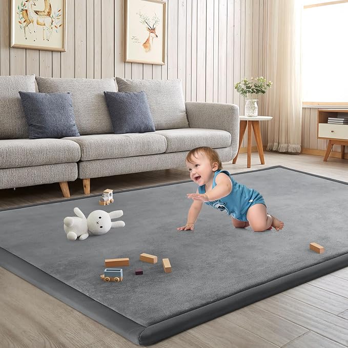 Baby Play Mat for Floor Nursery Rug Muscle Mat Area Rug Playroom Rug 59"x59" Playpen Mat Elastic Foam 1.3" Thick Crawling Mat for Babies,Toddlers, Infants, Kids,Grey