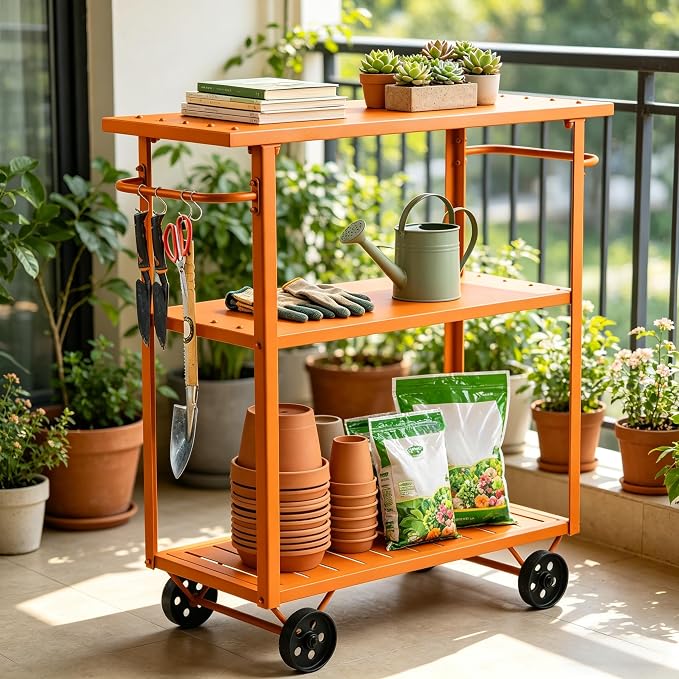 LOKKHAN Orange 3-Tier Metal Rolling Beverage Bar Cart | Waterproof Rustproof Serving Cart with Handle | 39.37 x 15.74 x 41 in | Indoor Use Outdoor Party Utility Storage Cart