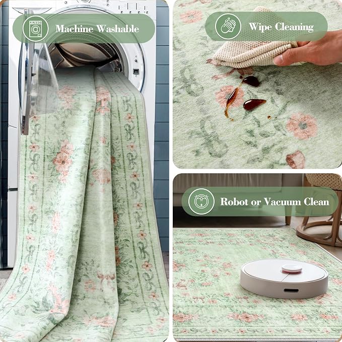 Wonnitar Floral Bow Print Washable Rugs 5x7, Sage Green Rug for Living Room, Ultra-Thin Non Slip Soft Boho Carpet for Dining Room Bedroom Kid Room Playroom, Light Green