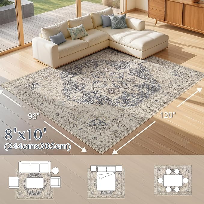 Tortania Area Rug Living Room Rugs - 8x10 Washable Boho Rug Vintage Oriental Distressed Farmhouse Large Thin Indoor Carpet for Living Room Bedroom Under Dining Table Home Office - Cream Blue