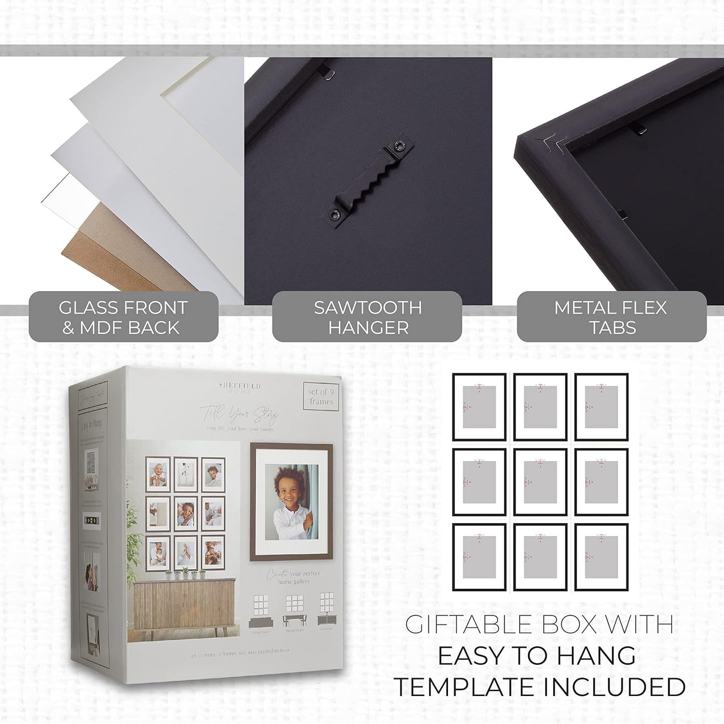 Sheffield Home 9 Piece Gallery Wall Frame Set, 11x14 Inch, Dark Oak