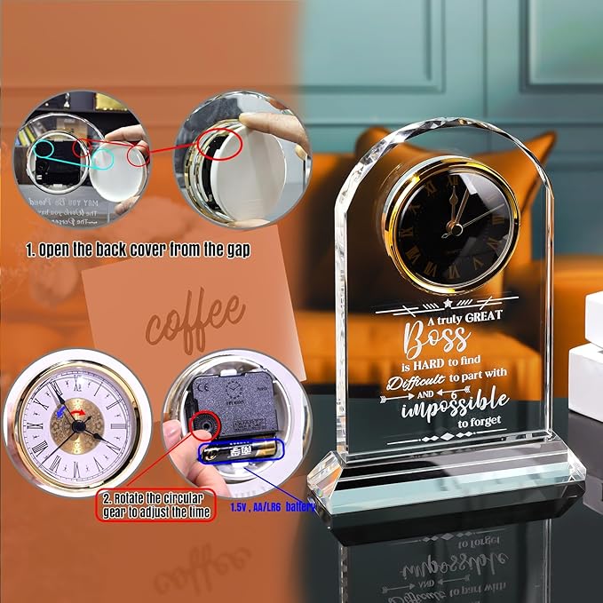 Ornalrist Boss Gifts for Men Women Crystal Clock, Gifts for Retirement Female Boss - Boss Appreciation Gift for Men, Boss's Day Gift Idea - Boss, Mentor, Leader Desk Office Home Decor