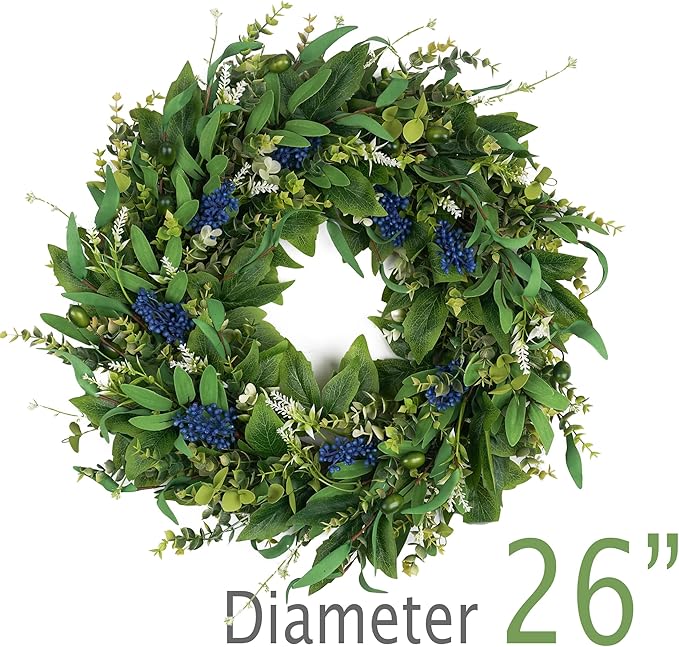 HomeKaren Wreaths for Front Door 26", Door Spring Wreath with Eucalyptus Olive Boxwood Leaves, Greenery Wreath Door Decoration for Spring Summer All Season Home and Outdoor
