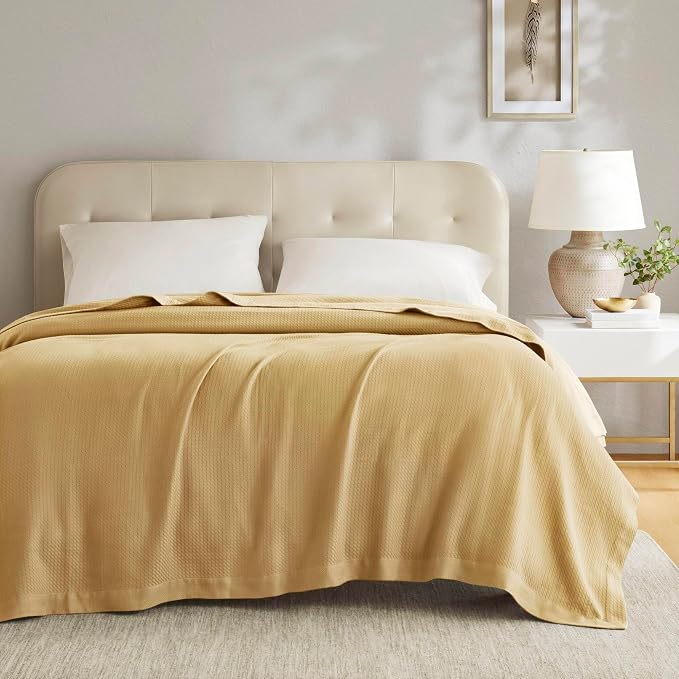 Madison Park 100% Egyptian Cotton Lightweight Summer Blanket, Breathable Waffle Knit Design, Soft Cozy All-Season Throw for Bed, Couch or Sofa, Mustard Yellow Full/Queen Size (90"x90")