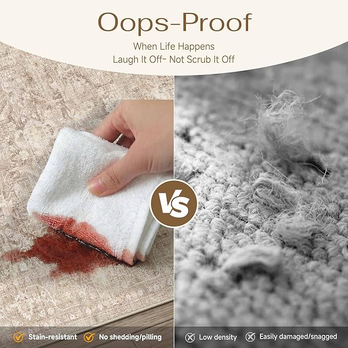 7x9 Beige Washable Area Rug for Living Room Bedroom Neutral Soft Non Slip Rug Low Pile Vintage Distressed Carpet for Dining Room Nursery Office Indoor