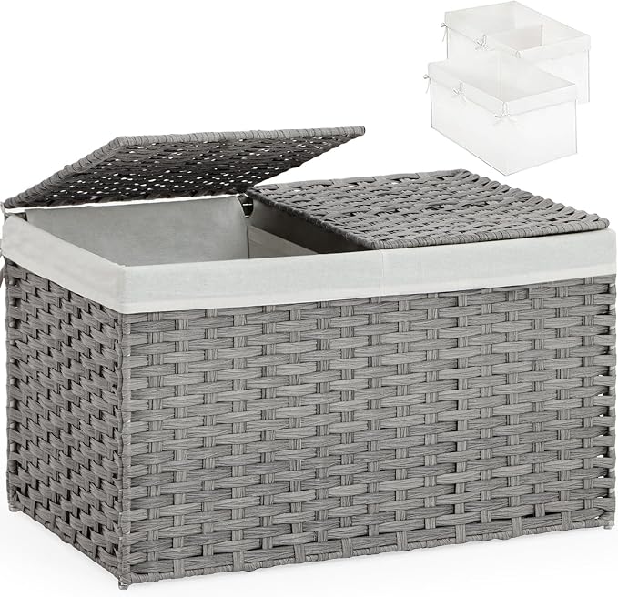 SETVSON Storage Basket with Lid, PE Rattan Woven Storage Baskets with 2 Separate Lids, 17.2 Gallon (65 L), 22.2 x 13 x 13.8 Inches, 2 Removable Liner Bags Handles for Bedroom, Laundry Room Gray