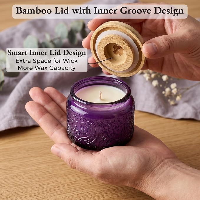4 oz Purple Sun Moon Stars Candle Jars with Bamboo Lids, 18 Pack | Patented Embossed Design, Includes Wick Centering Devices & Warning Labels, Multiple Color Options