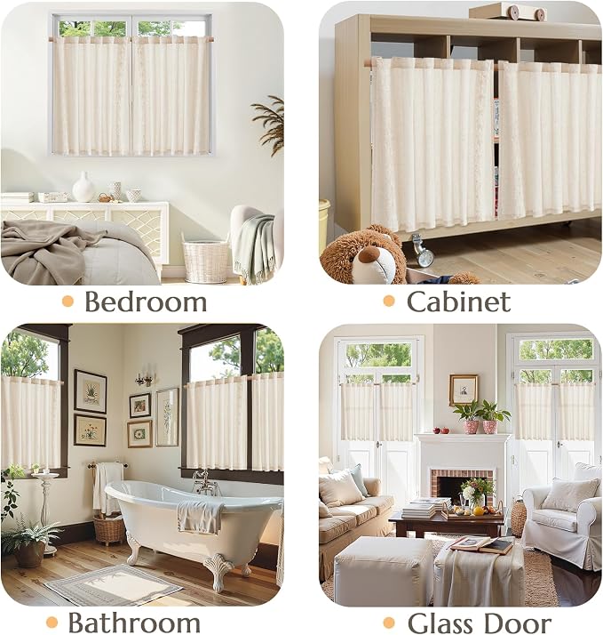 jinchan Ivory Floral Embroidered Linen Kitchen Curtains 54×45 Inch 2 Panels | Light filtering, back tab, rod pocket, cafe curtains for kitchen bedroom living room, cottage farmhouse, small window