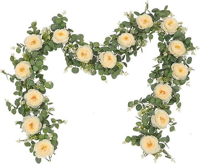 Dolicer 2Pcs 13Ft Artificial Eucalyptus Garlands with Flowers, Faux Floral Greenery Garlands Fake Flowers Vines for Wedding Centerpieces Arch Party Ceremony Backdrop Decor (Champagne)
