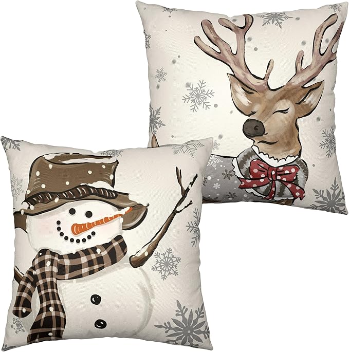 Christmas Decorative Pillow Covers 20x20 Brown Snowman Reindeer with Snowflakes Throw Pillow Covers Cotton Linen Cushion Case for Holiday Decor Couch Living Room Set of 2
