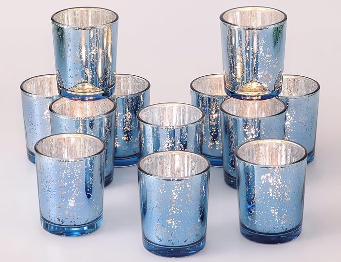 Volens Blue Votive Candle Holders Bulk, Mercury Glass Tealight Candle Holder Set of 12 for Wedding Centerpiece Table Decorations, Bridal Shower and Home Decor