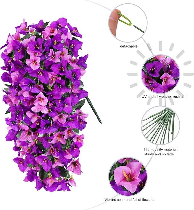 HyeFlora Bougainvillea Artificial Hanging Flowers Plants for Outdoors Decoration, 2pcs Fake Flowers Silk Bougainvillea Vines Realistic UV Resistant Faux Flowers for Outside Planters Porch Patio, Mix