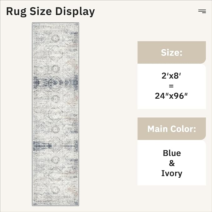 Soalmost Runner Rug 2x8 Washable Non-Slip Hallway Runner Rugs for Kitchen Bathroom Laundry Room Blue Ivory Vintage Floor Carpet Runners for Hallways Entryway