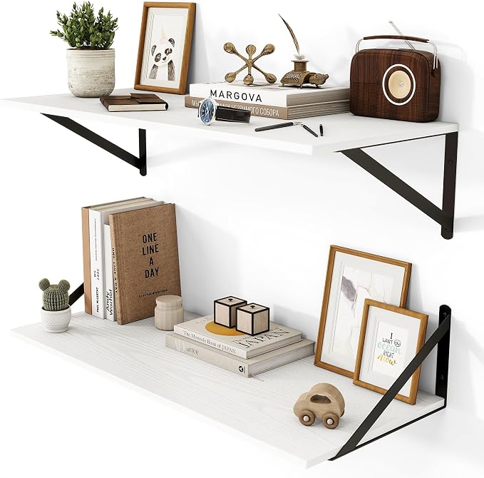 Heimlove White Deep Floating Shelves for Wall, 28W x 12D Wood Wall Shelves Set of 2, Wide Floating Bookshelf for Living Room, Kitchen, Office, Bedroom and Decor Storage, with Black Bracket - White