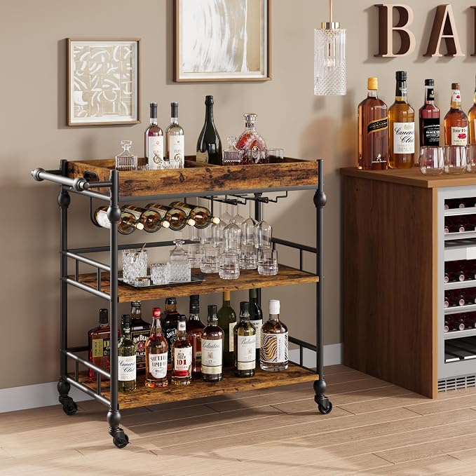 Garvee Bar Cart with Wheels, 3-Tier Rolling Serving Cart with Removable Tray, Mobile Kitchen Beverage Cart with Wine Rack & Glass Holder, Retro Roman Column Design, 35.4 x 15.7 x 34.1 Inches, Brown
