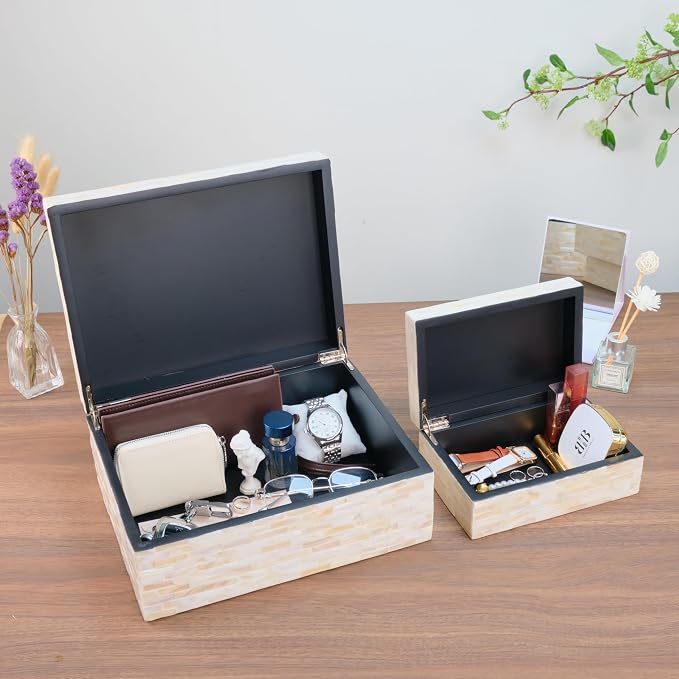 PEMAR Set of 2 Handmade Mother of Pearl Decorative Boxes with Hinged Lids, Ivory Shell Mosaic Keepsake Boxes, White Decorative Boxes for Coffee Table, Shelves, Bedroom & Home Décor & Gifts