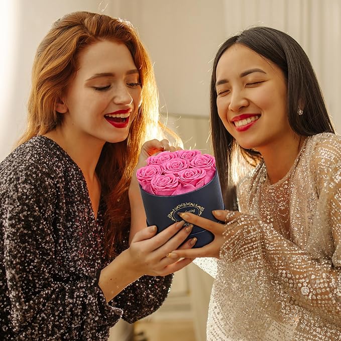 Beaulasting Long Lasting Preserved Roses in a Box Last a Year Forever Flowers for Her Mom Wife Anniversary Birthday (Round Black Box, Pink)