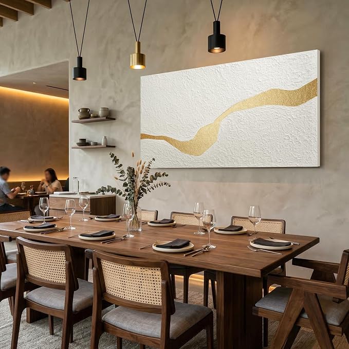 Large Horizontal Abstract White & Gold Textured Wall Art for Living Room | Modern Hand-Painted Oil Painting Artwork for Bedroom Office Dining Room, Original Contemporary Minimalist Wall Decor, Gifts